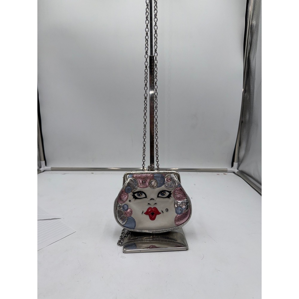 Brighton Vintage Love Caty Metallic Silver Leather Face Coin Purse Crossbody Bag - Picture 2 of 11